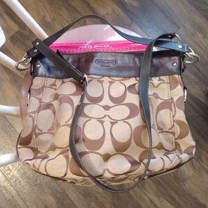 Authentic Coach Signature CC Fabric + Leather Tan & Brown Shoulder Bag W/Strap